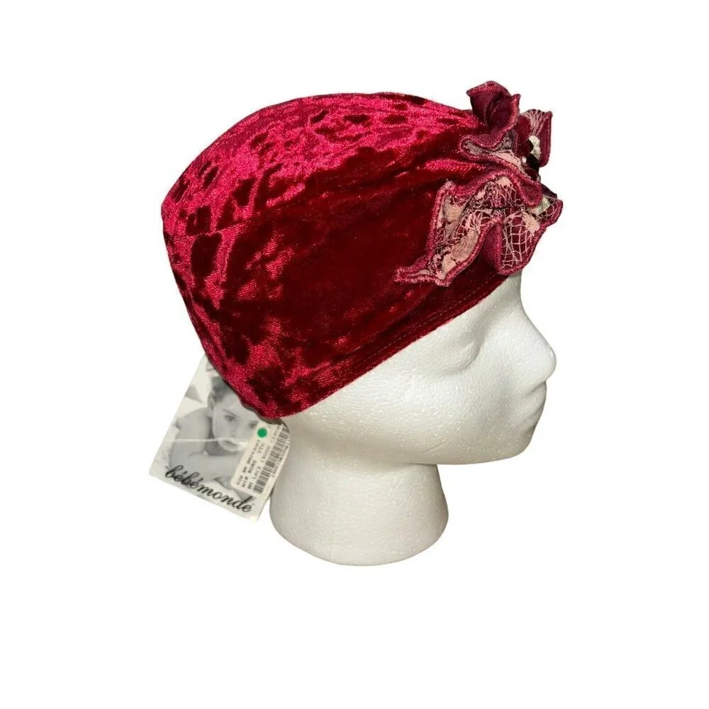 Bebemonde Girl's L Large Turban Hat Red Velvet Floral Applique Ruffle Front NWT